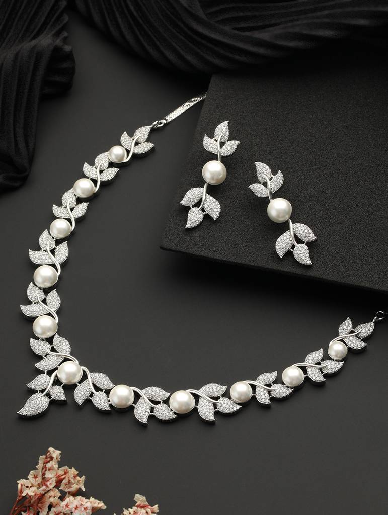 Silver Plated Cz Studded Pearl Floral Statement Jewellery Set : SJNK2127