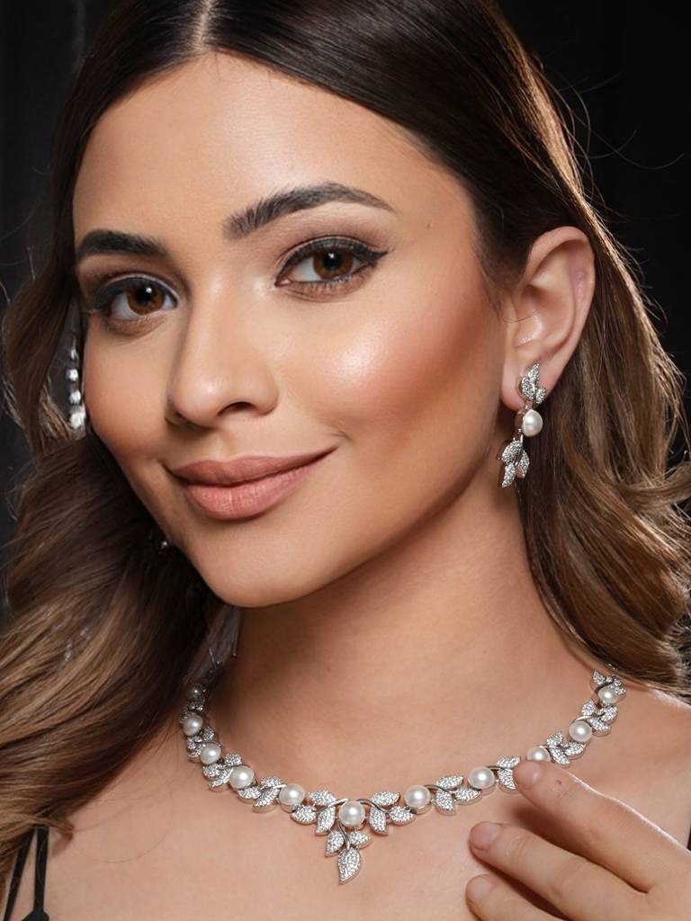 Silver Plated Cz Studded Pearl Floral Statement Jewellery Set : SJNK2127