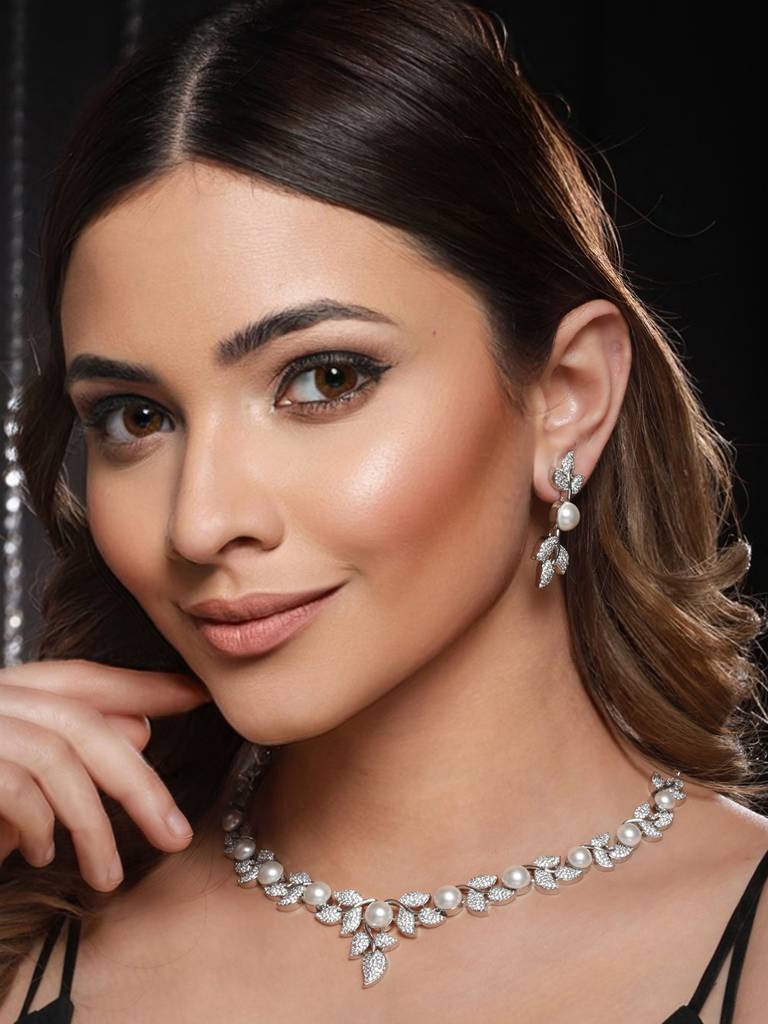 Silver Plated Cz Studded Pearl Floral Statement Jewellery Set : SJNK2127
