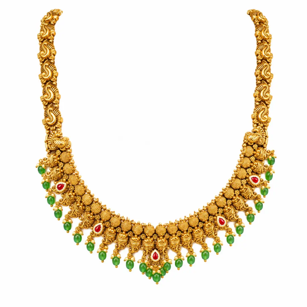 1 Gram Gold Long Necklace Set | Swan Link Ruby Teardrop Design : J-1186