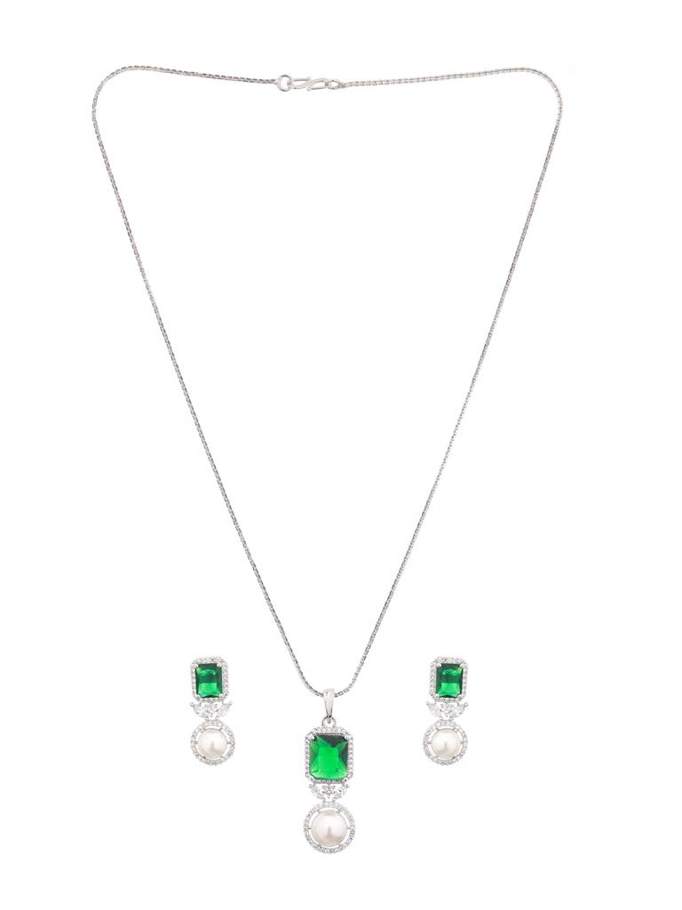 Silver Plated Green Cz Studded Pearl Beaded Minimal Locket Jewellery Set : SJLK2130