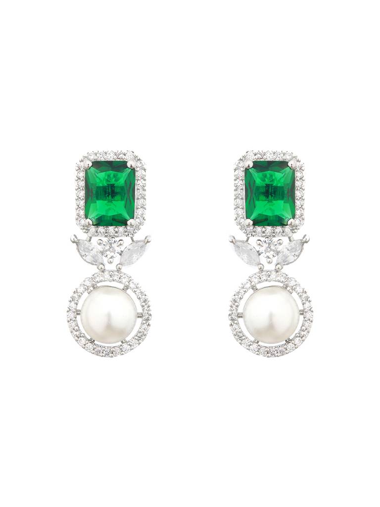 Silver Plated Green Cz Studded Pearl Beaded Minimal Locket Jewellery Set : SJLK2130