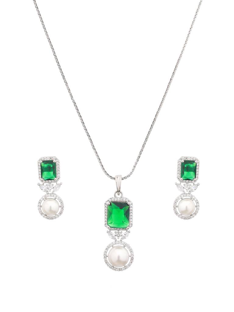 Silver Plated Green Cz Studded Pearl Beaded Minimal Locket Jewellery Set : SJLK2130