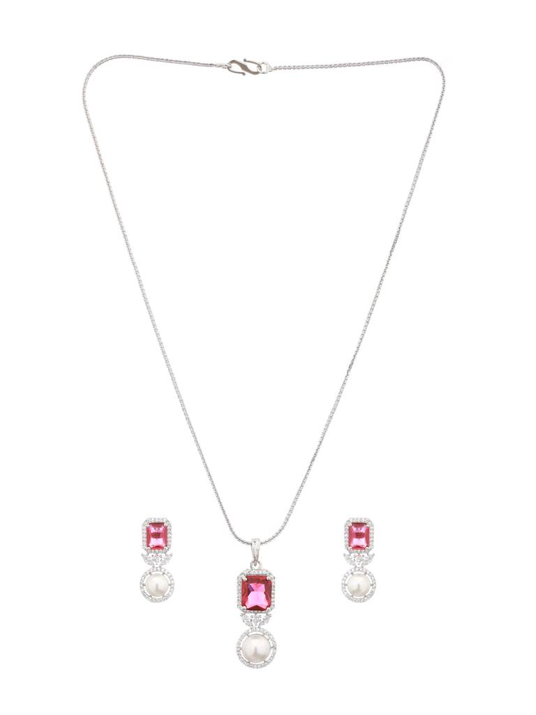 Silver Plated Red Cz Studded Pearl Beaded Minimal Locket Jewellery Set : SJLK2131