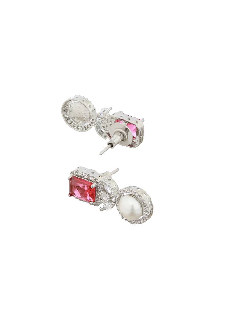 Silver Plated Red Cz Studded Pearl Beaded Minimal Locket Jewellery Set : SJLK2131