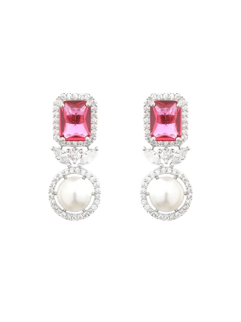 Silver Plated Red Cz Studded Pearl Beaded Minimal Locket Jewellery Set : SJLK2131