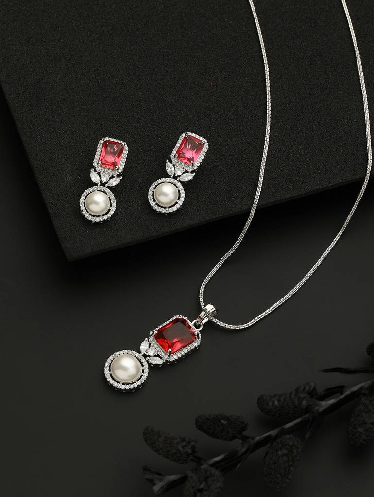 Silver Plated Red Cz Studded Pearl Beaded Minimal Locket Jewellery Set : SJLK2131