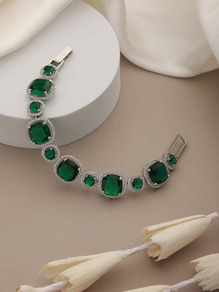 Rhodium Plated Green Cz Studded Wraparound Tennis Bracelet Brass Free  Size Silver
