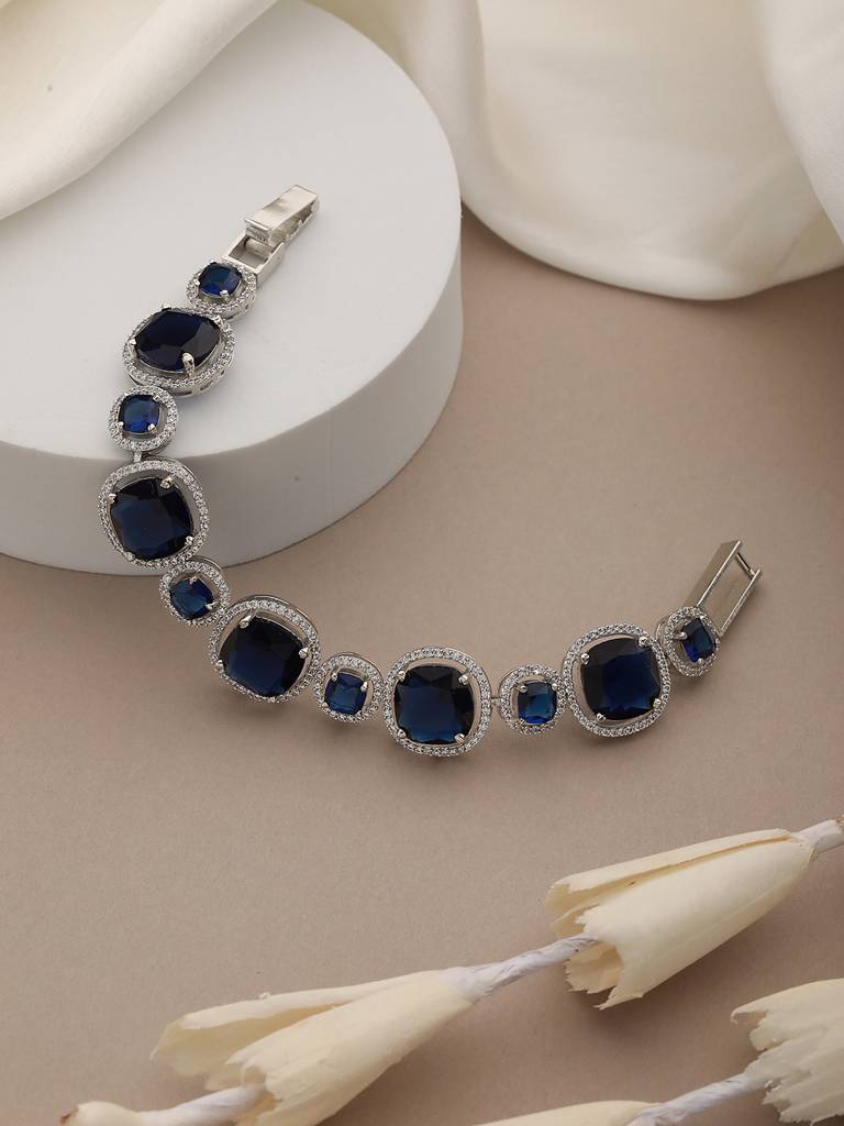 White Rhodium Plated Blue Wraparound Tennis Statement Bracelet : SJBR2133