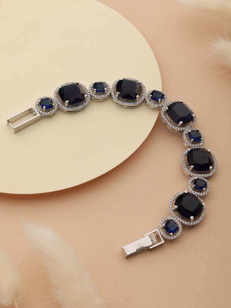 White Rhodium Plated Blue Wraparound Tennis Statement Bracelet : SJBR2133
