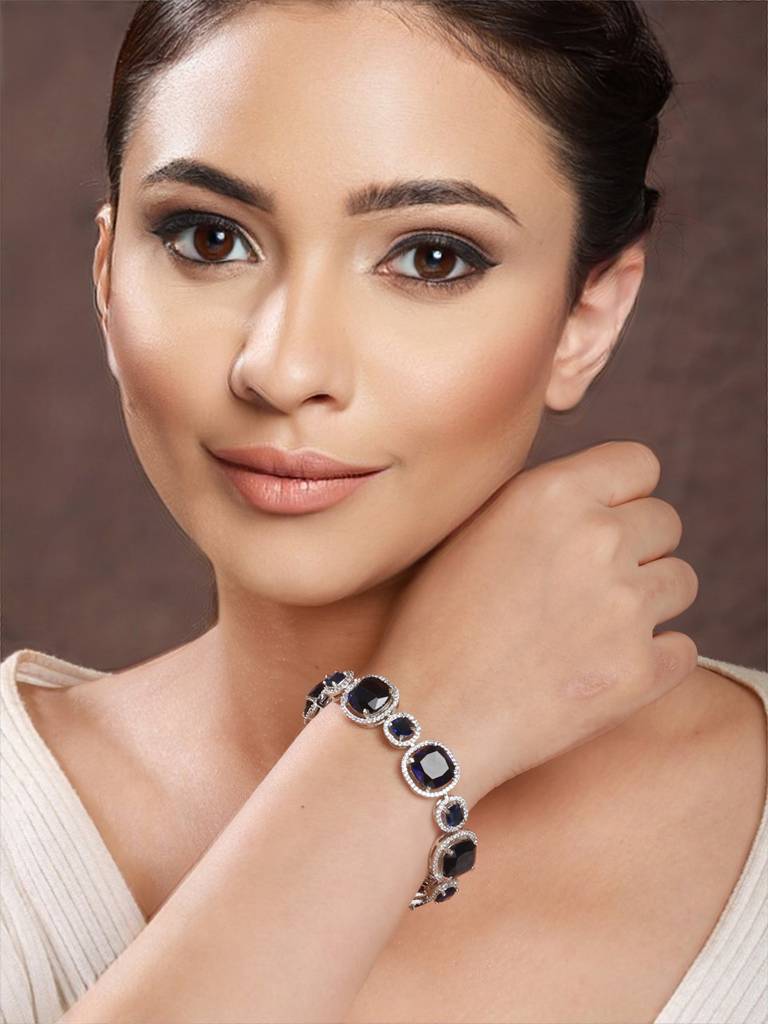 White Rhodium Plated Blue Wraparound Tennis Statement Bracelet : SJBR2133