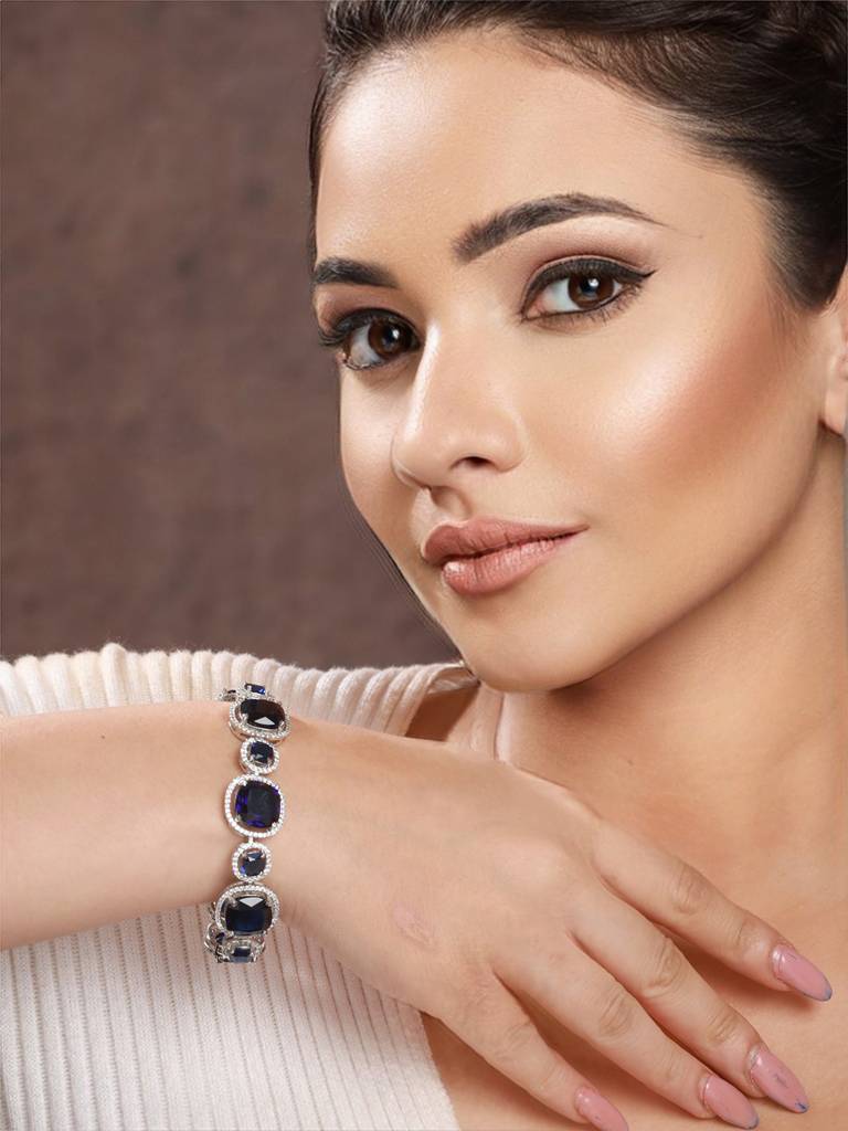 White Rhodium Plated Blue Wraparound Tennis Statement Bracelet : SJBR2133