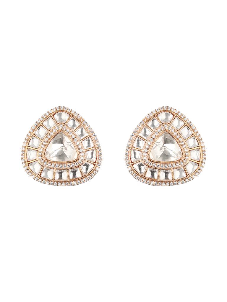 Gold Polish Real Kundan & Cz Studded Luxe Studds Earrings : SJER2135