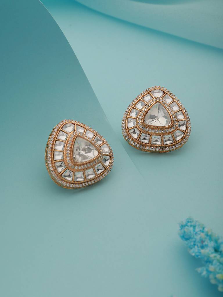 Gold Polish Real Kundan & Cz Studded Luxe Studds Earrings : SJER2135