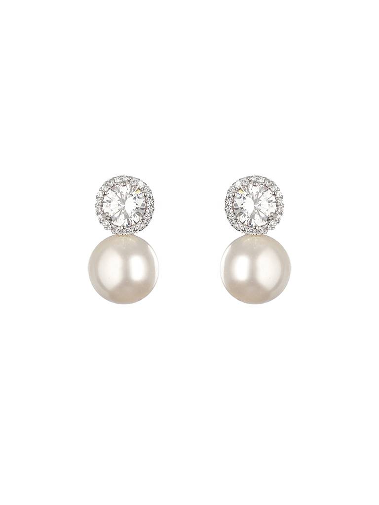 Rhodium Plated Zircon & Pearl Studded Minimal Studds Earrings : SJER2137