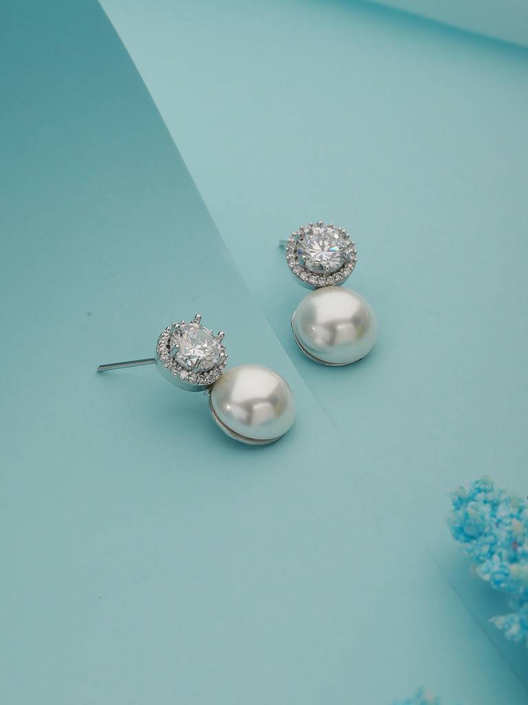 Rhodium Plated Zircon & Pearl Studded Minimal Studds Earrings : SJER2137