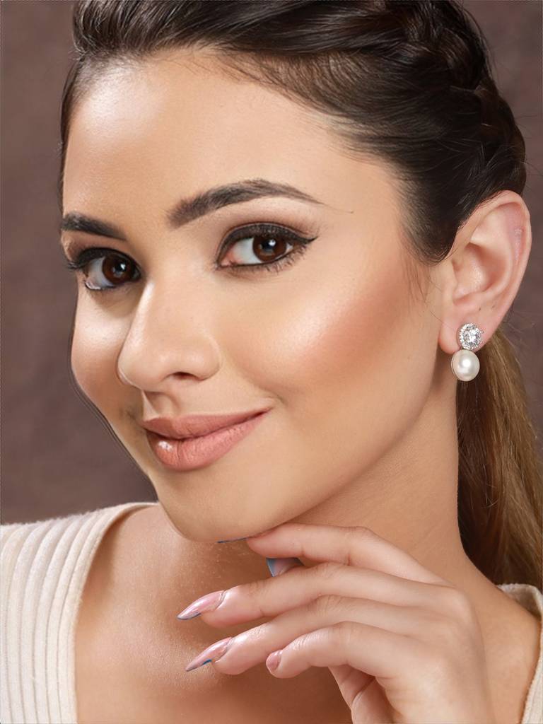 Rhodium Plated Zircon & Pearl Studded Minimal Studds Earrings : SJER2137