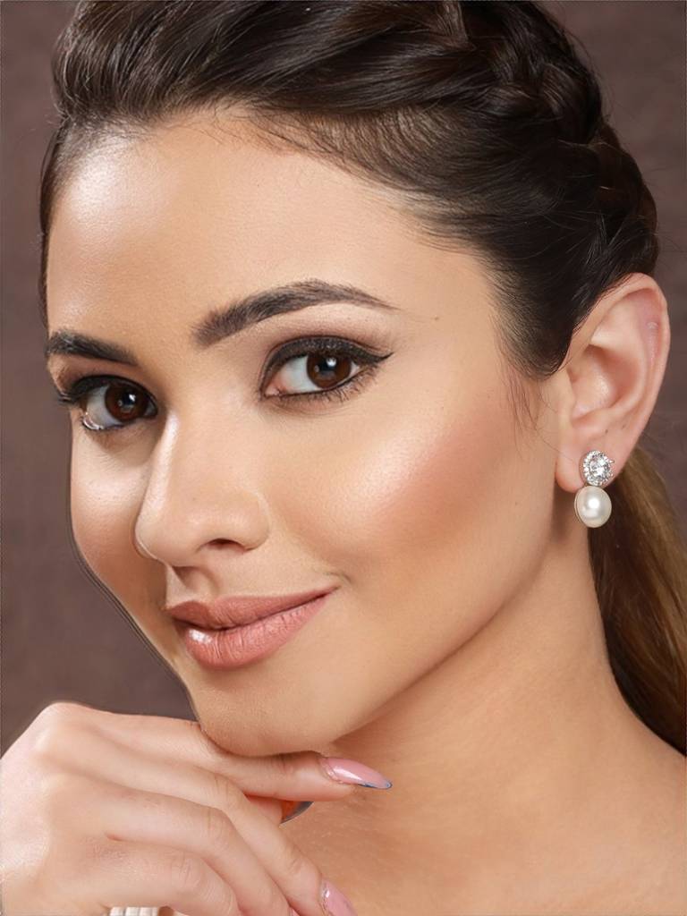 Rhodium Plated Zircon & Pearl Studded Minimal Studds Earrings : SJER2137