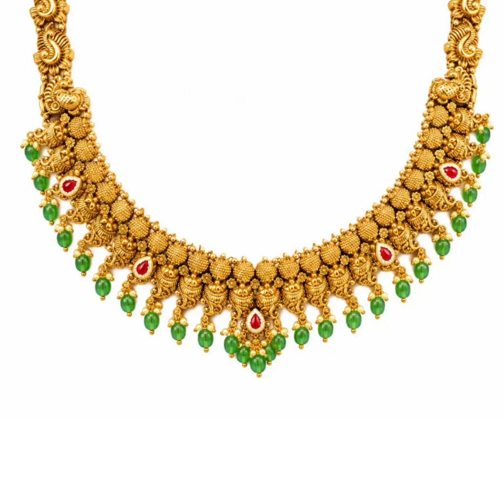 1 Gram Gold Long Necklace Set | Swan Link Ruby Teardrop Design : J-1186