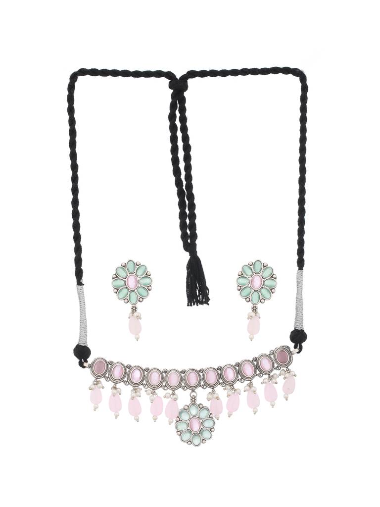 Oxidised Green Stone Studded & Pink Pearl Beaded Pendant Jewellery Set : SJNK2142