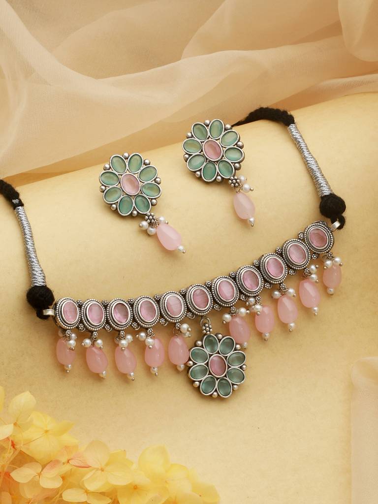 Oxidised Green Stone Studded & Pink Pearl Beaded Pendant Jewellery Set : SJNK2142