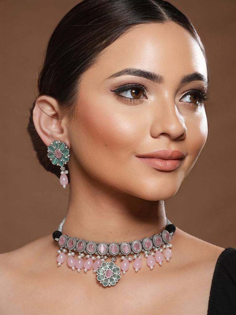 Oxidised Green Stone Studded & Pink Pearl Beaded Pendant Jewellery Set : SJNK2142
