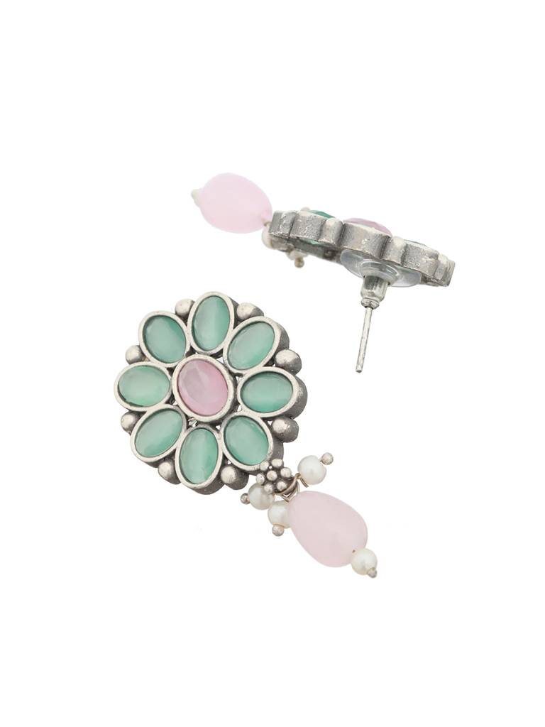 Oxidised Green Stone Studded & Pink Pearl Beaded Pendant Jewellery Set : SJNK2142