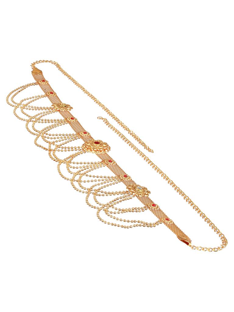Gold Plated Red Stones Floral Waistchain Kamarbandh : SJKB2144