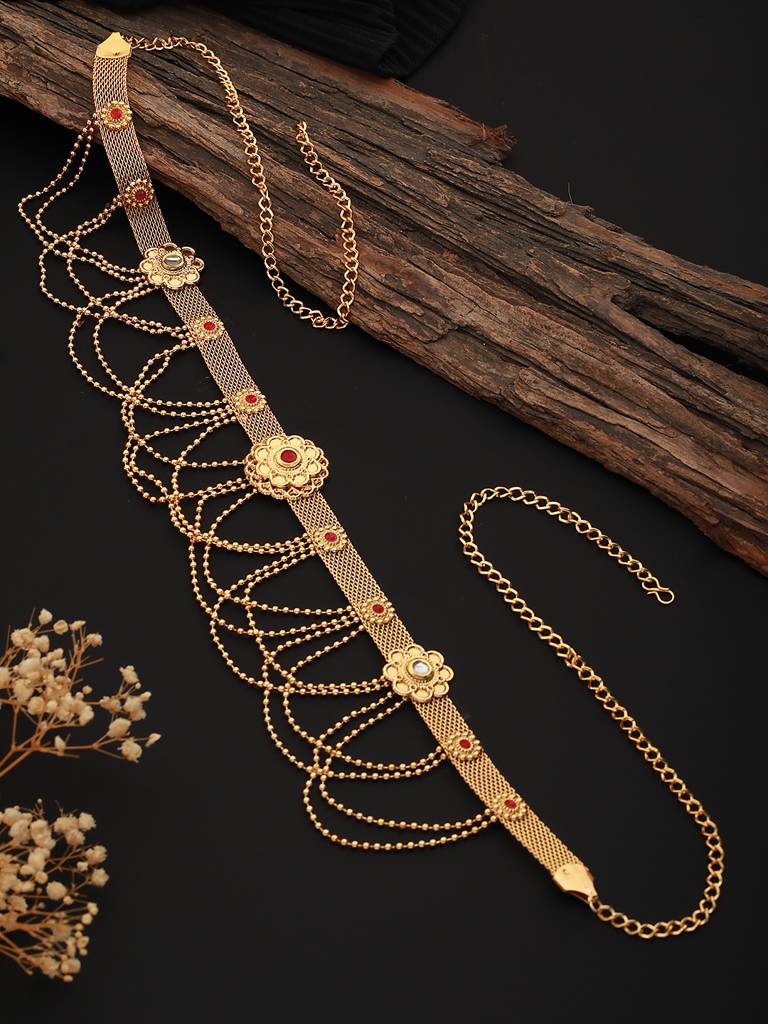 Gold Plated Red Stones Floral Waistchain Kamarbandh : SJKB2144