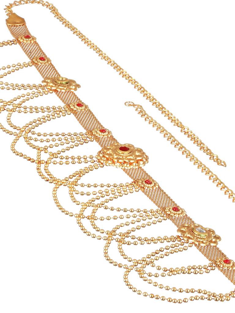Gold Plated Red Stones Floral Waistchain Kamarbandh : SJKB2144