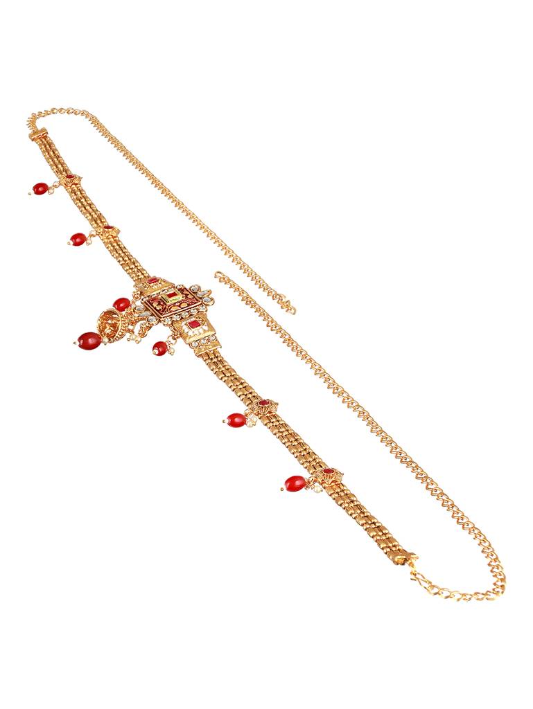 Gold Plated Red Kundan Rajasthani Waistband Kamarbandh : SJKB2145