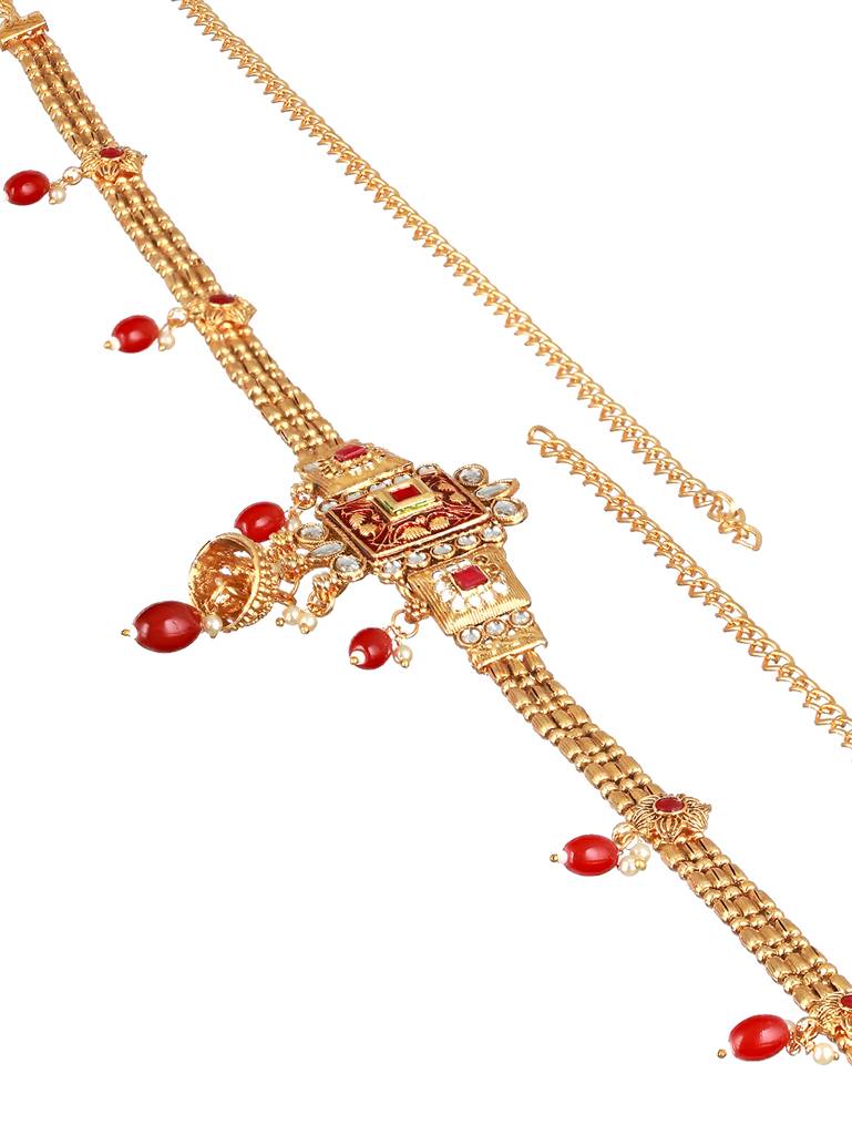 Gold Plated Red Kundan Rajasthani Waistband Kamarbandh : SJKB2145