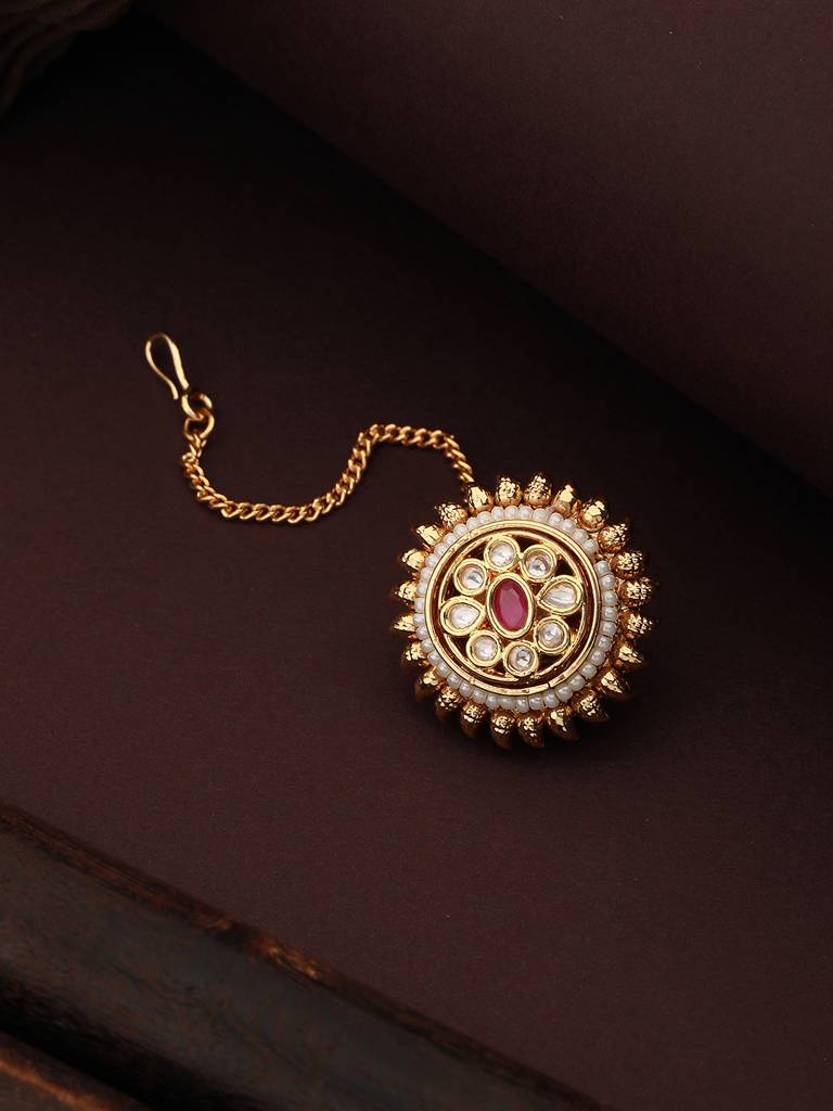 Gold Plated Red Kundan Floral Borla Mangtika : SJMT2150