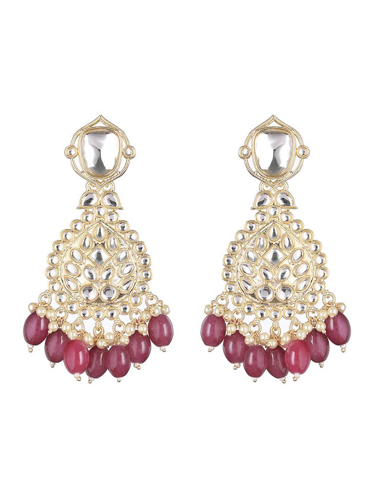 Gold Toned Kundan Studded Pink Pearl Beaded Chandbali Earring : SJER2153