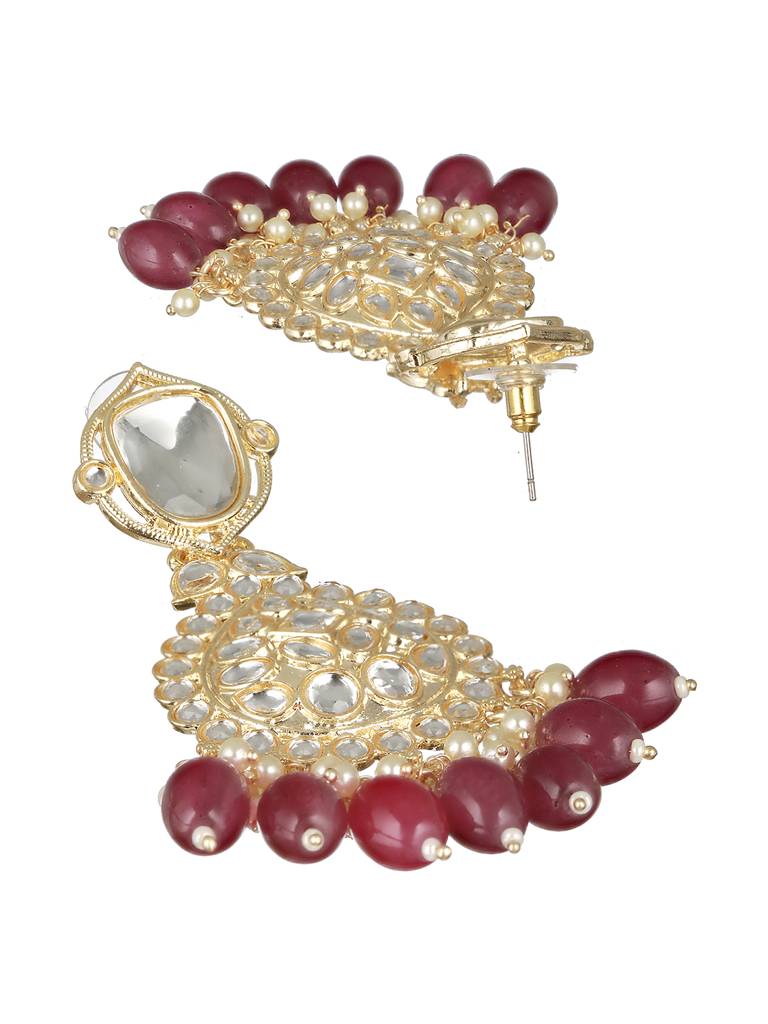 Gold Toned Kundan Studded Pink Pearl Beaded Chandbali Earring : SJER2153