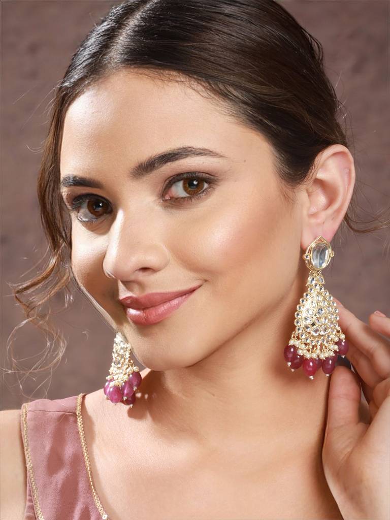 Gold Toned Kundan Studded Pink Pearl Beaded Chandbali Earring : SJER2153
