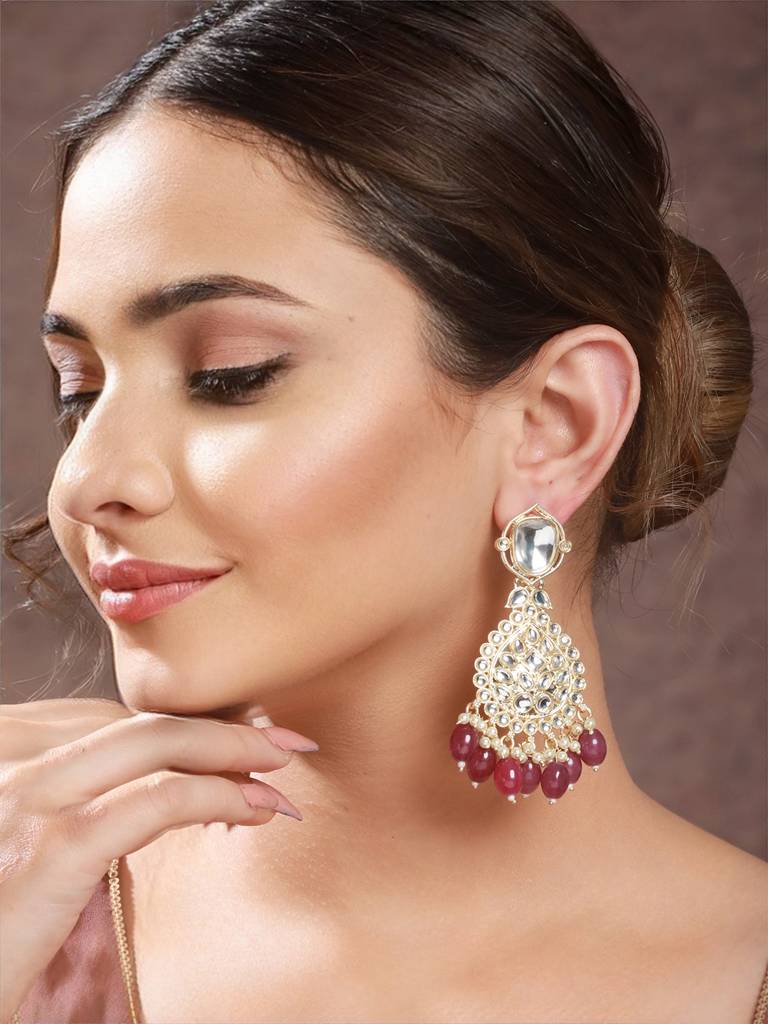 Gold Toned Kundan Studded Pink Pearl Beaded Chandbali Earring : SJER2153
