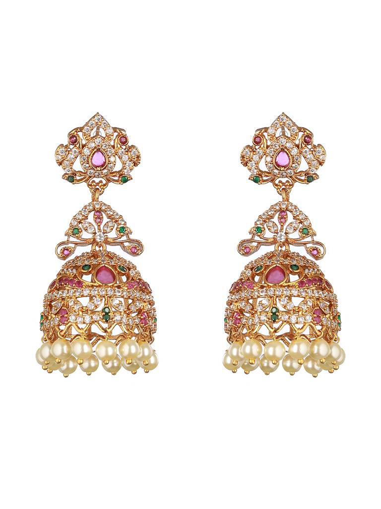 Gold Plated Multi Zircon Studded Pearl Beaded Jhumka Earrings : SJER2156