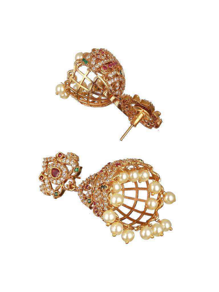 Gold Plated Multi Zircon Studded Pearl Beaded Jhumka Earrings : SJER2156