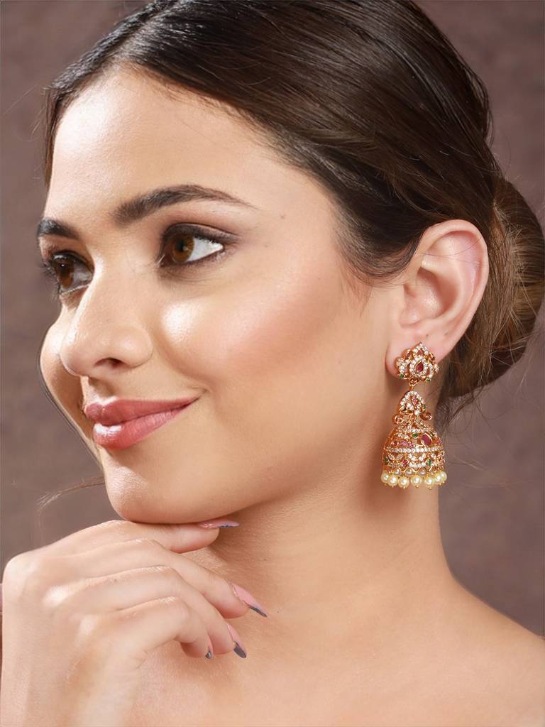 Gold Plated Multi Zircon Studded Pearl Beaded Jhumka Earrings : SJER2156