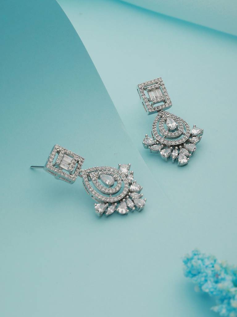 Silver Toned Cz Studded Minimal Chandbali Earrings : SJER2158