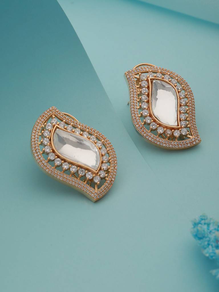 Gold Toned Kundan & Cz Studded Studds Earrings : SJER2160