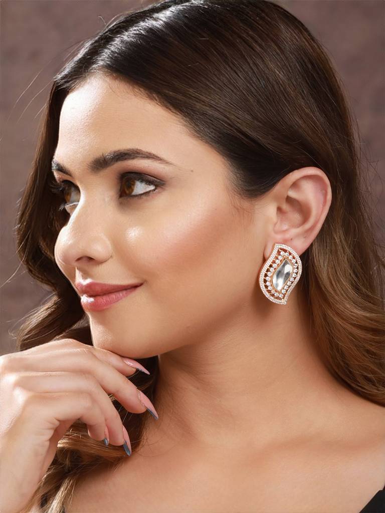 Gold Toned Kundan & Cz Studded Studds Earrings : SJER2160