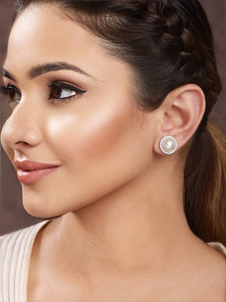 Silver Toned Pearl Minimal Studds Earrings : SJER2162