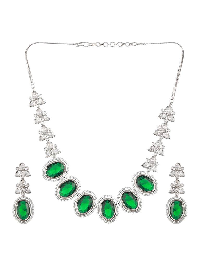 Silver Toned Green Cz Studded Designer Necklace Jewellery Set : SJNK2163