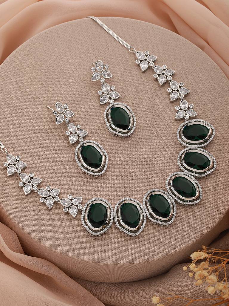 Silver Toned Green Cz Studded Designer Necklace Jewellery Set : SJNK2163