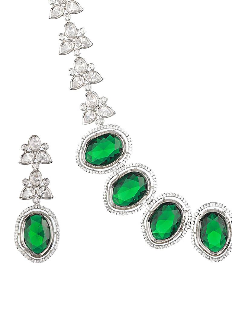 Silver Toned Green Cz Studded Designer Necklace Jewellery Set : SJNK2163