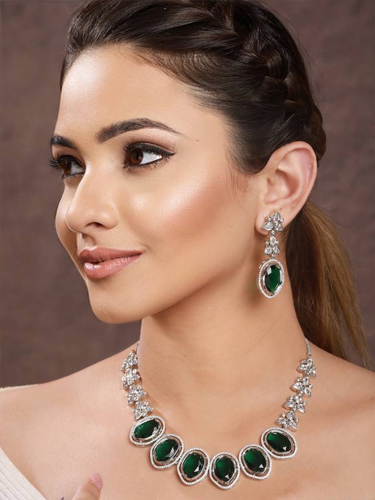Silver Toned Green Cz Studded Designer Necklace Jewellery Set : SJNK2163