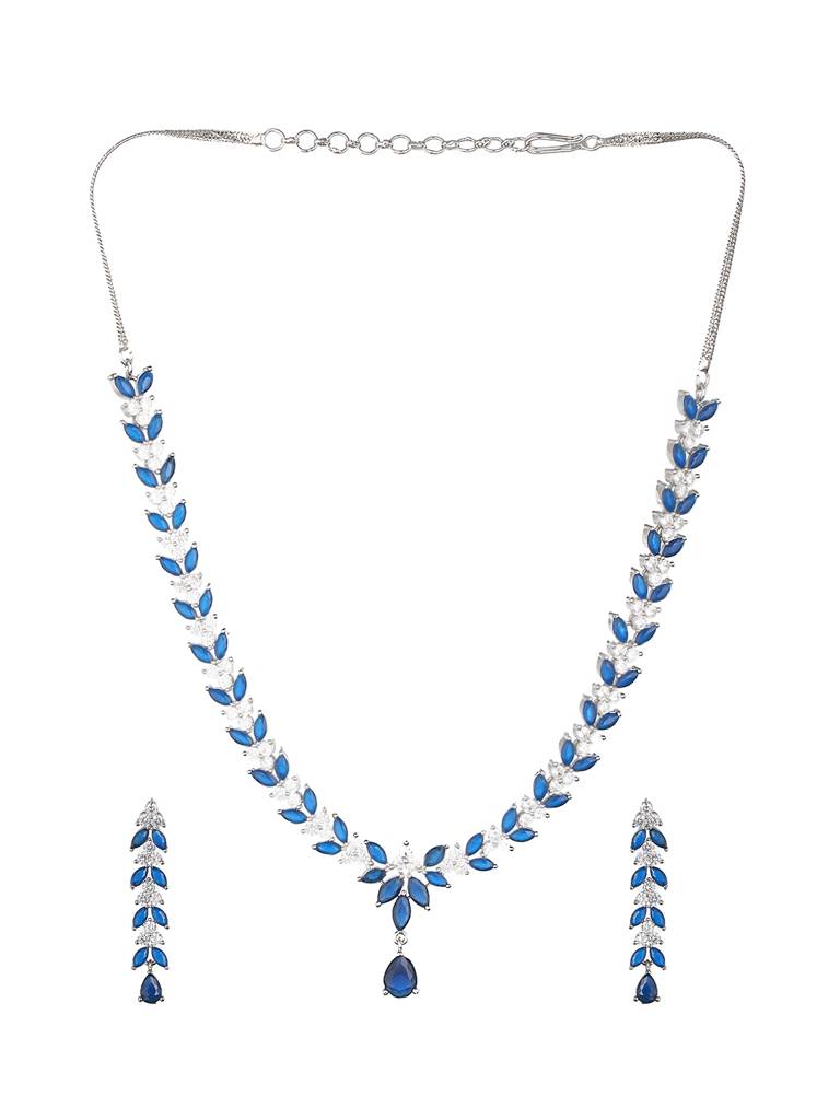 Silver Toned Blue Ad Studded Necklace Set : SJNK2164