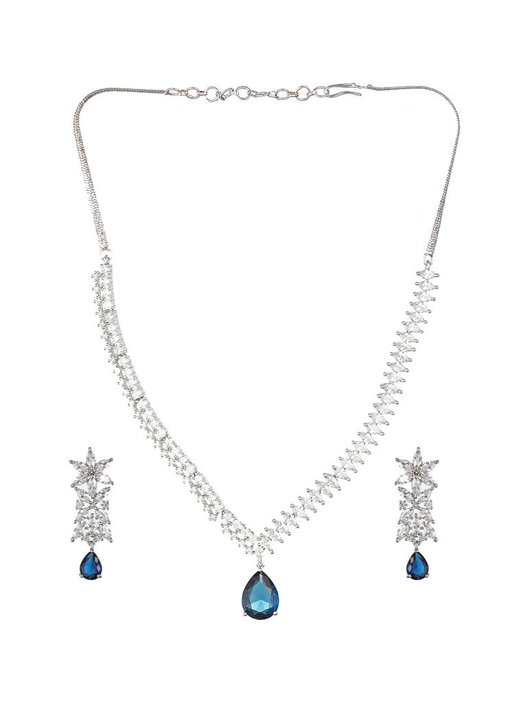 White Rhodium Blue Zircon Studded Statement Necklace Jewellery Set : SJNK2165